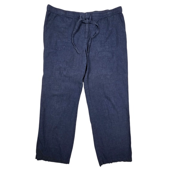 Liz Claiborne Womens Drawstring Zippered Pants L Navy Cotton Linen Pockets - Picture 1 of 13